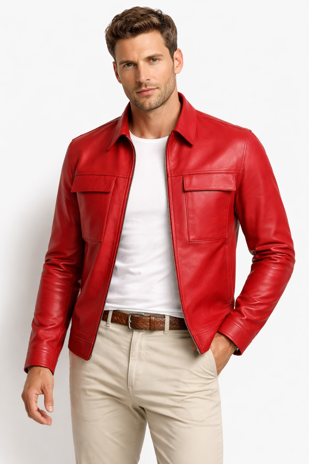 MRKSHI CASA — Lamb Nappa leather Jacket in Red, three quarter view