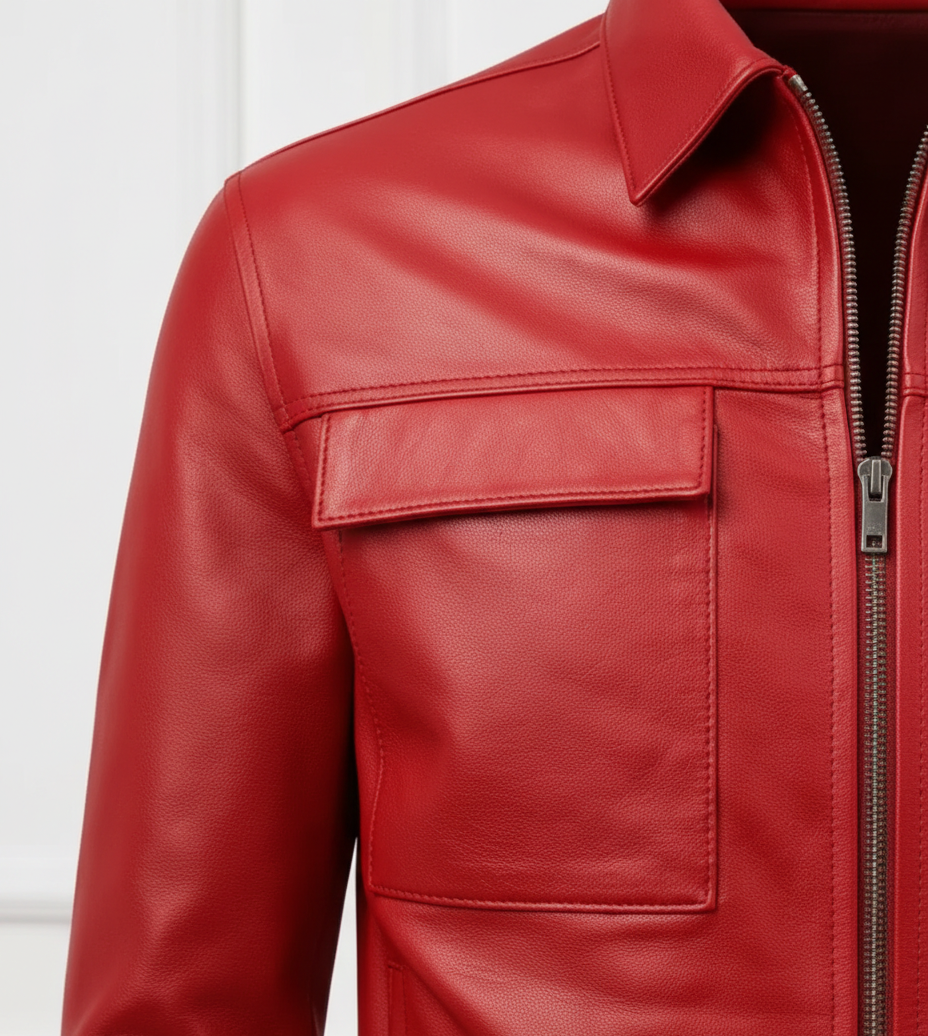 MRKSHI CASA — Lamb Nappa leather Jacket in Red, leather detail