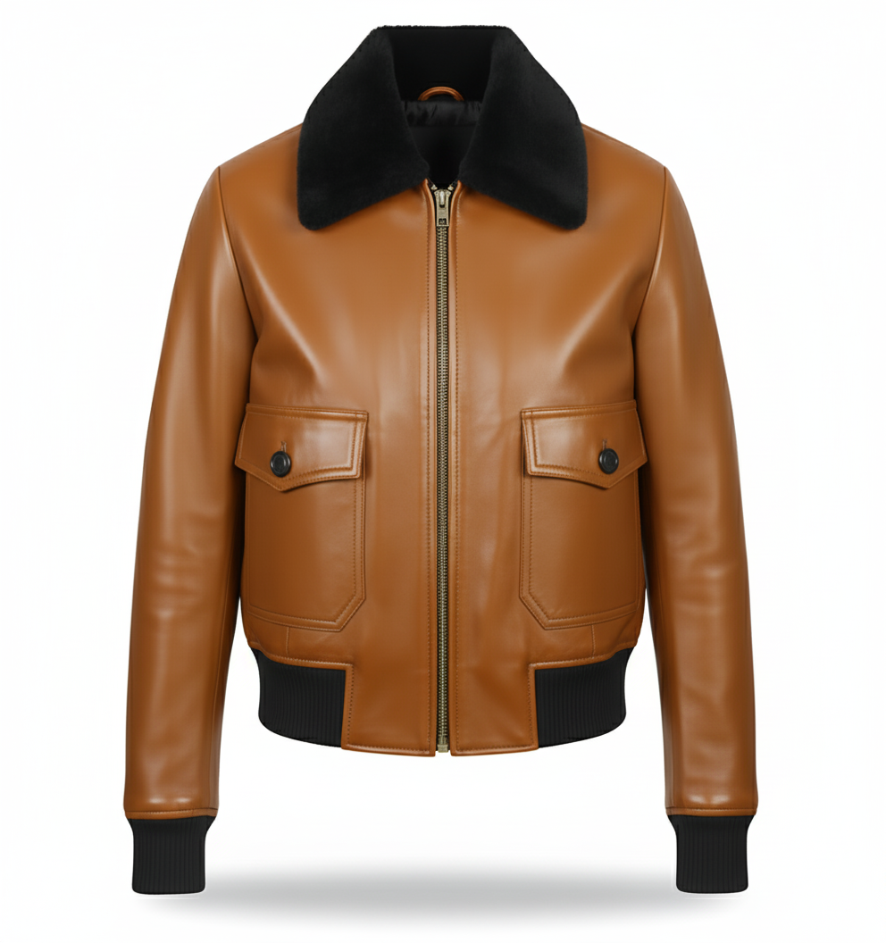 MRKSHI AMBRE — Lamb leather Jacket in Tobacco, front view