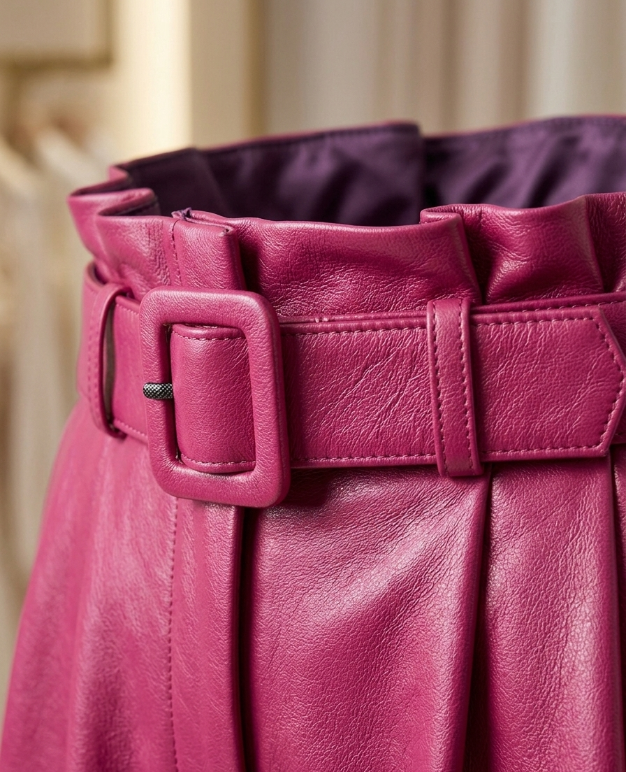 MRKSHI ANKLE — Smooth Leather leather Pants in Fuchsia, leather detail