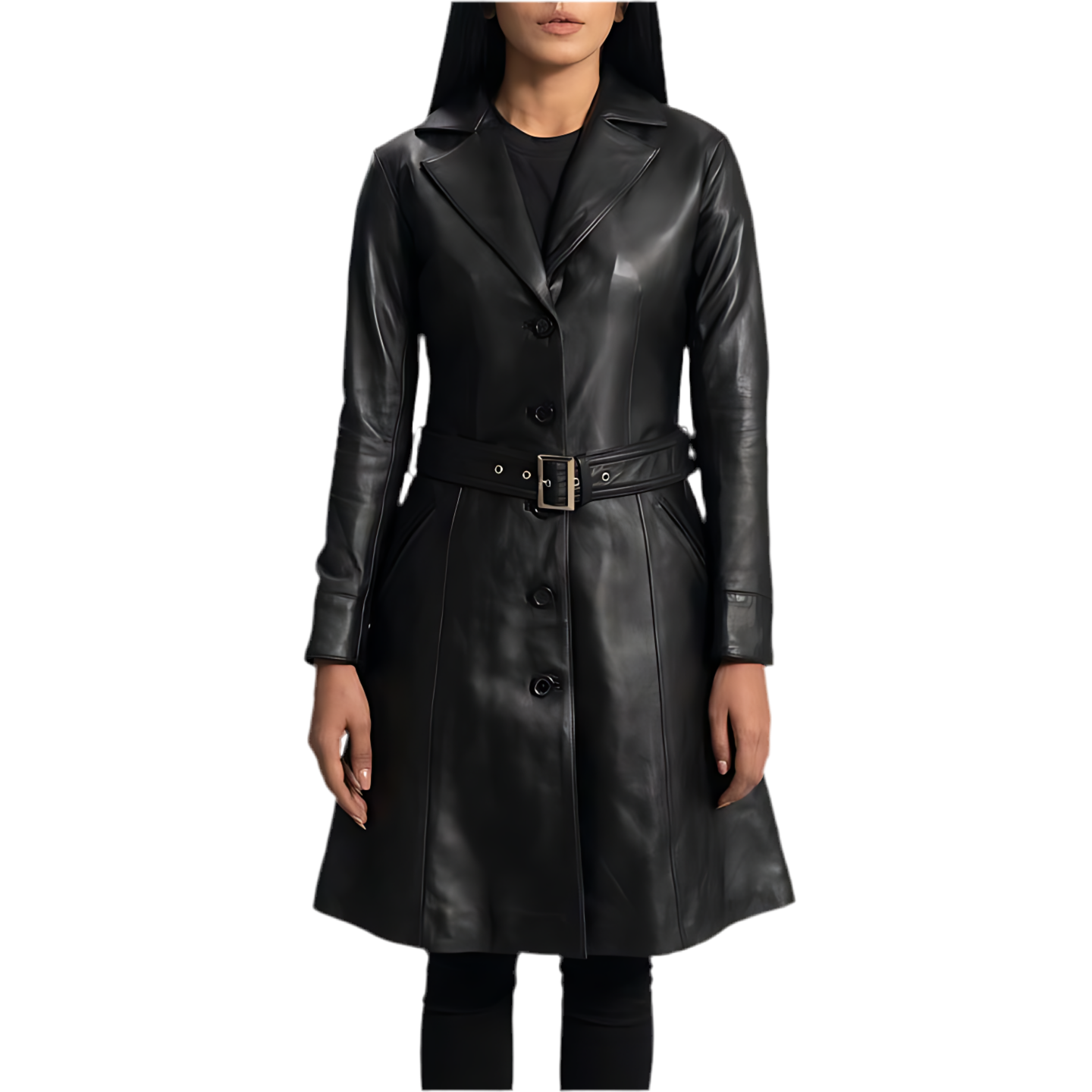 MRKSHI CARMEN — Smooth Leather leather Coat in Black, three quarter view