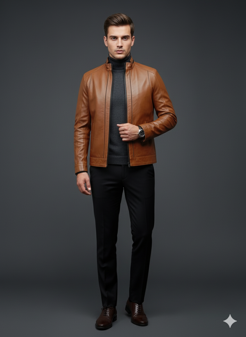 MRKSHI DRAKE — Leather leather Jacket in Tobacco, product view