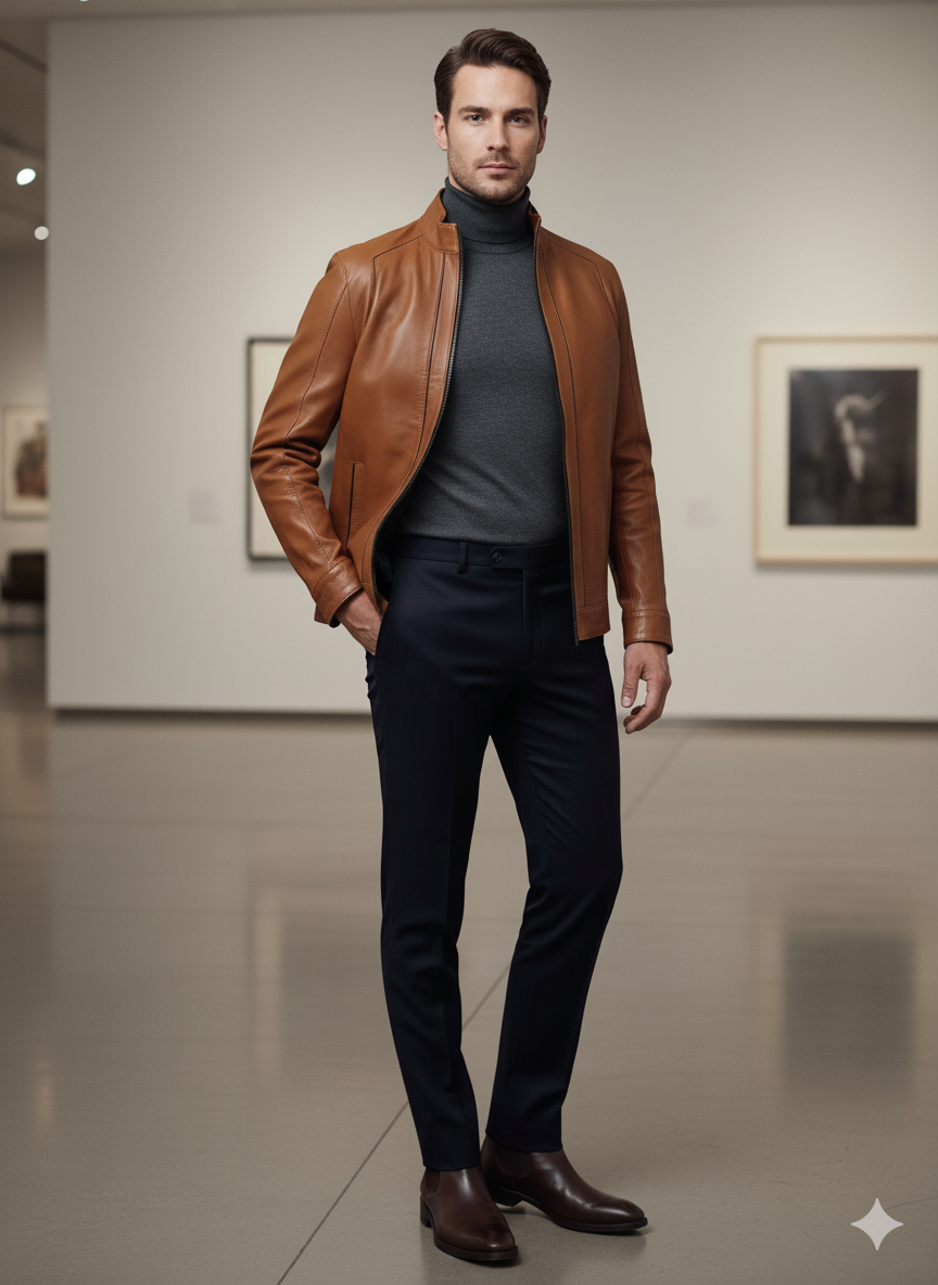 MRKSHI DRAKE — Leather leather Jacket in Tobacco, product view