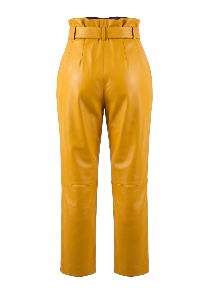 MRKSHI ANKLE — Smooth Leather leather Pants in Yellow, three quarter view