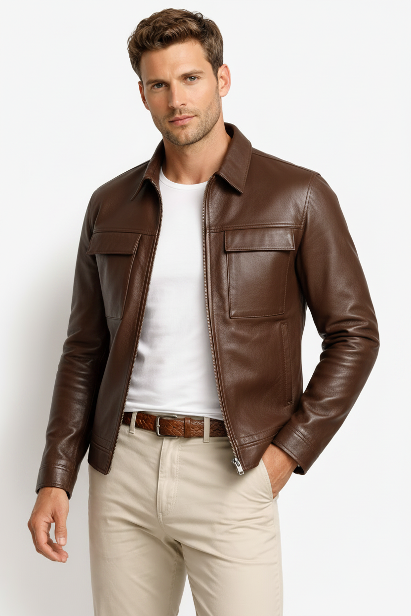 MRKSHI CASA — Lamb Nappa leather Jacket in Brown, three quarter view