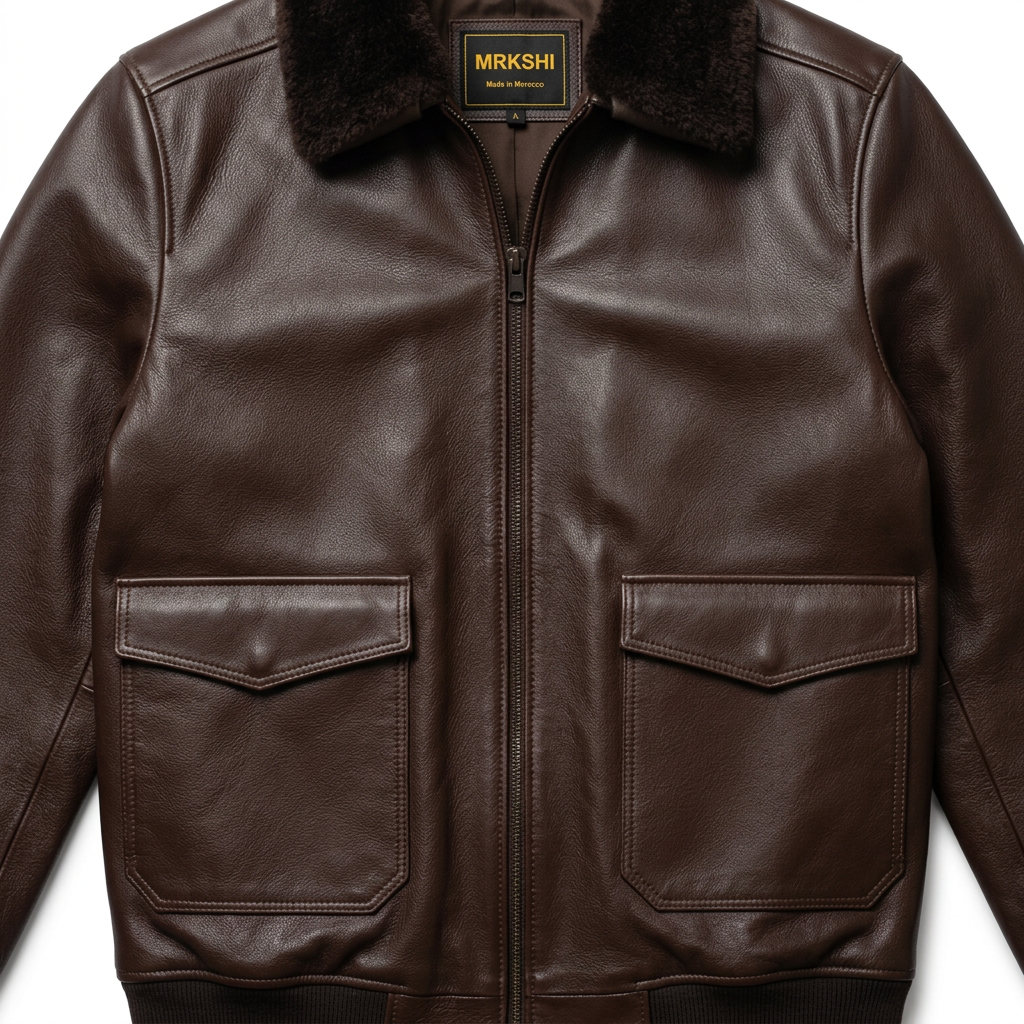 MRKSHI AIRMARE — Leather leather Jacket in Dark Chocolate, leather detail