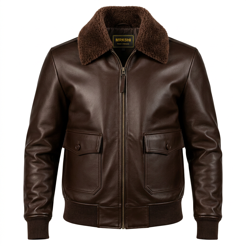 MRKSHI AIRMARE — Leather leather Jacket in Dark Chocolate, front view