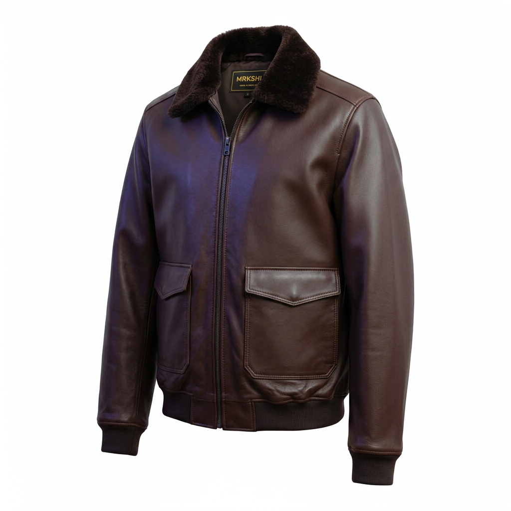 MRKSHI AIRMARE — Leather leather Jacket in Dark Chocolate, three quarter view