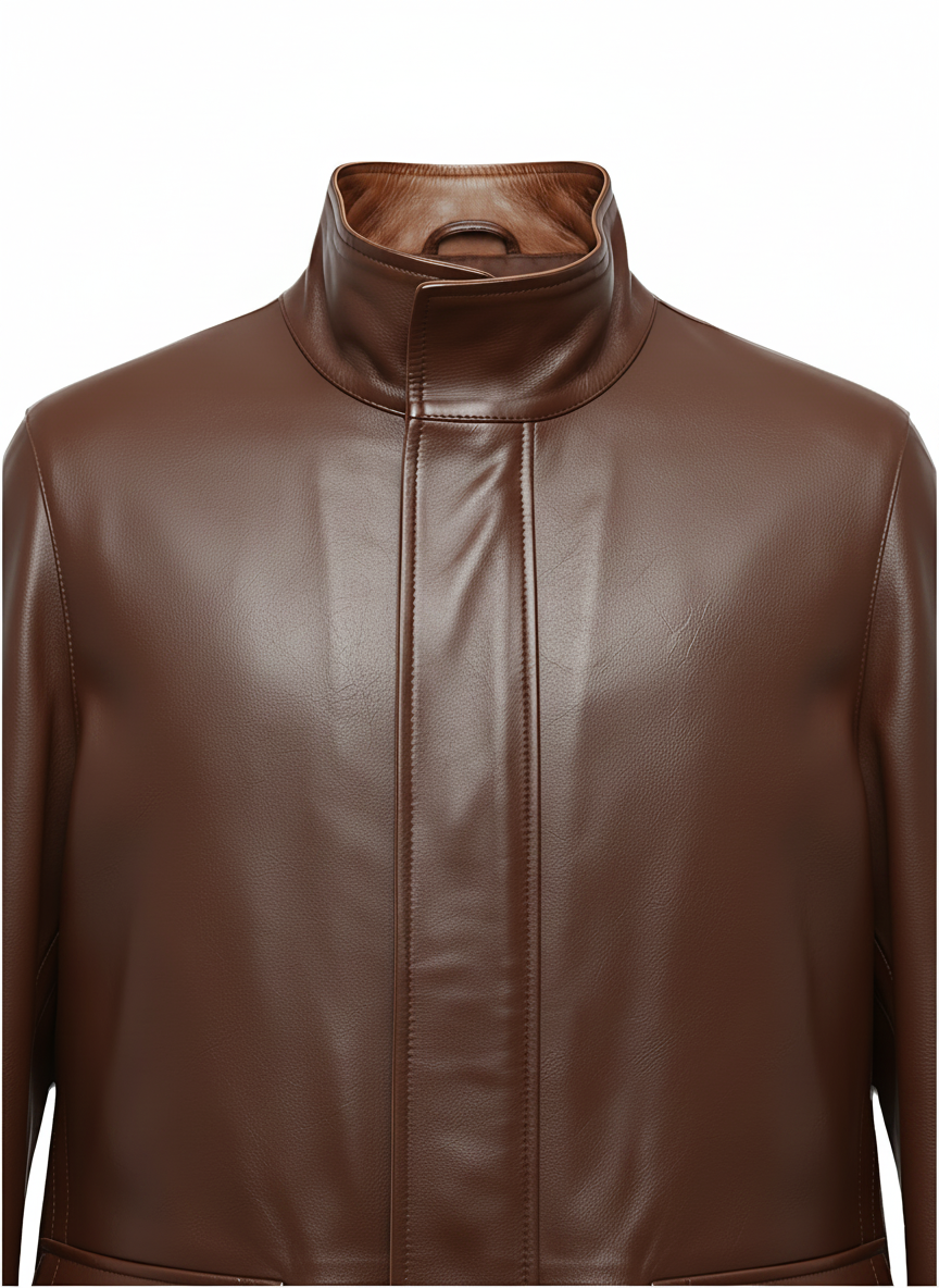MRKSHI CANADA — Smooth Leather leather Coat in Brown, back view