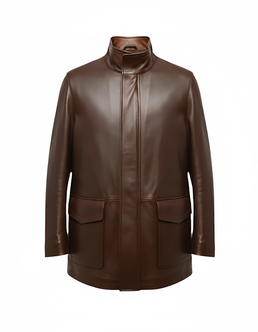 MRKSHI CANADA — Smooth Leather leather Coat in Brown, front view