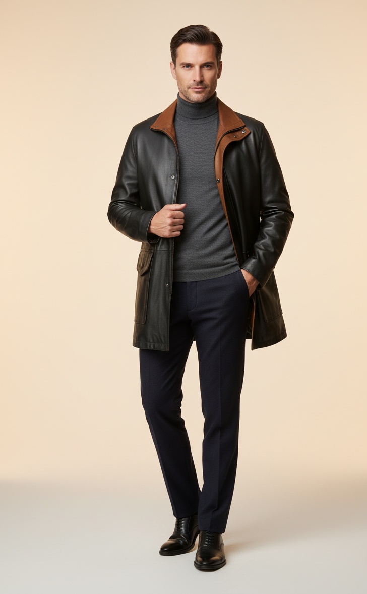 MRKSHI CANADA — Smooth Leather leather Coat in Black, leather detail