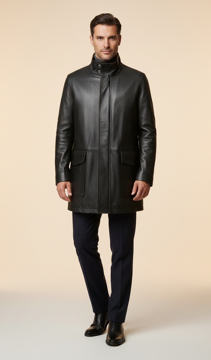 MRKSHI CANADA — Smooth Leather leather Coat in Black, leather detail