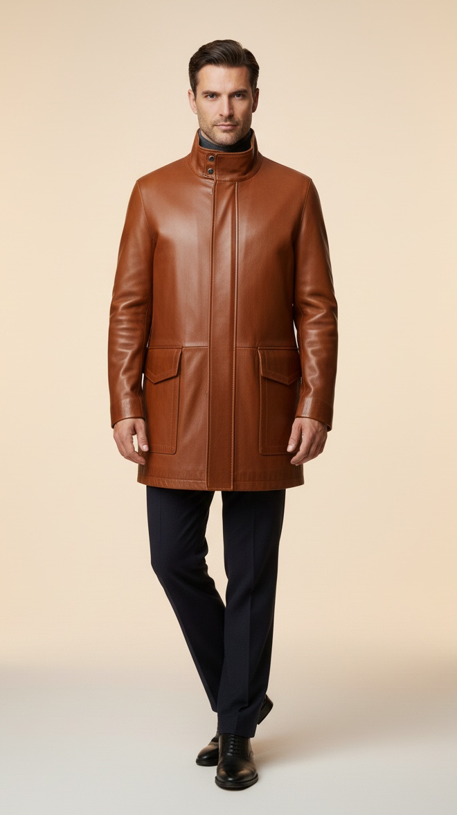 MRKSHI CANADA — Smooth Leather leather Coat in Tobacco, leather detail