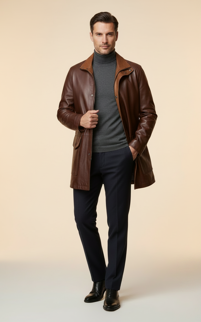 MRKSHI CANADA — Smooth Leather leather Coat in Brown, leather detail