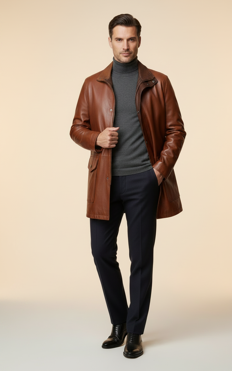 MRKSHI CANADA — Smooth Leather leather Coat in Tobacco, leather detail