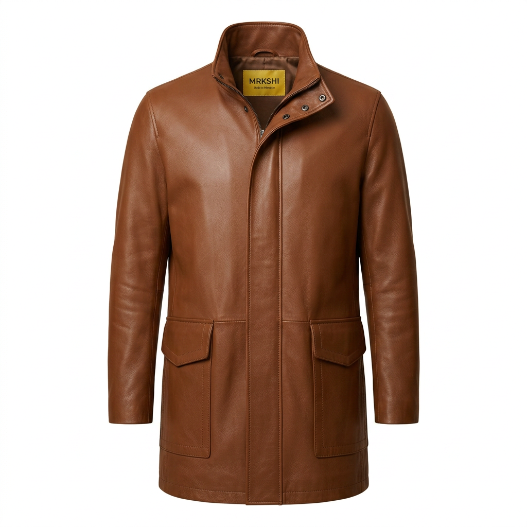 MRKSHI CANADA — Smooth Leather leather Coat in Tobacco, leather detail