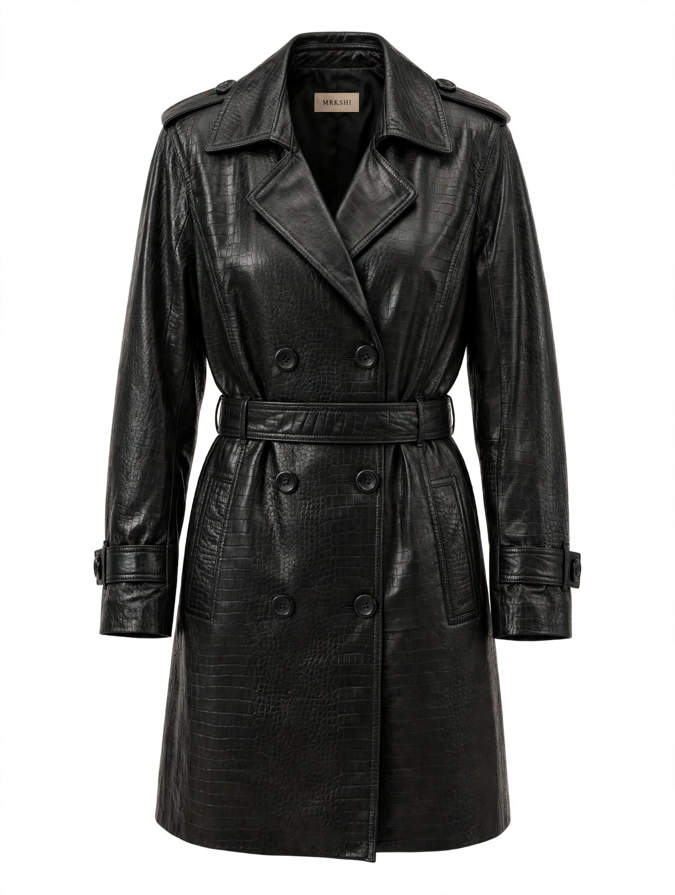 MRKSHI CROSSA — Smooth Leather leather Coat in Black, front view