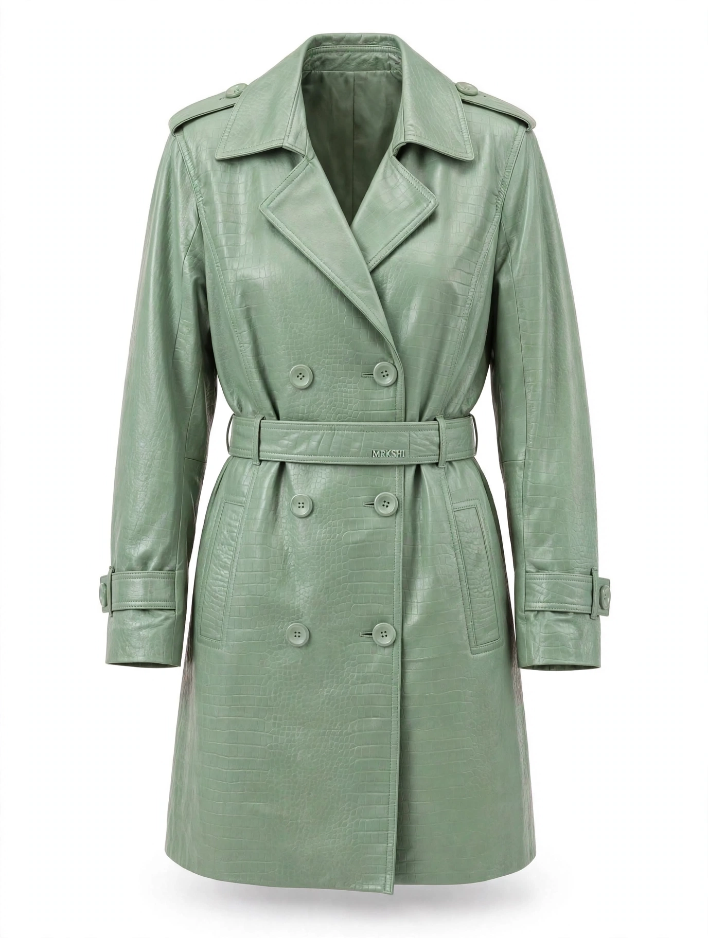 MRKSHI CROSSA — Smooth Leather leather Coat in Mint, front view