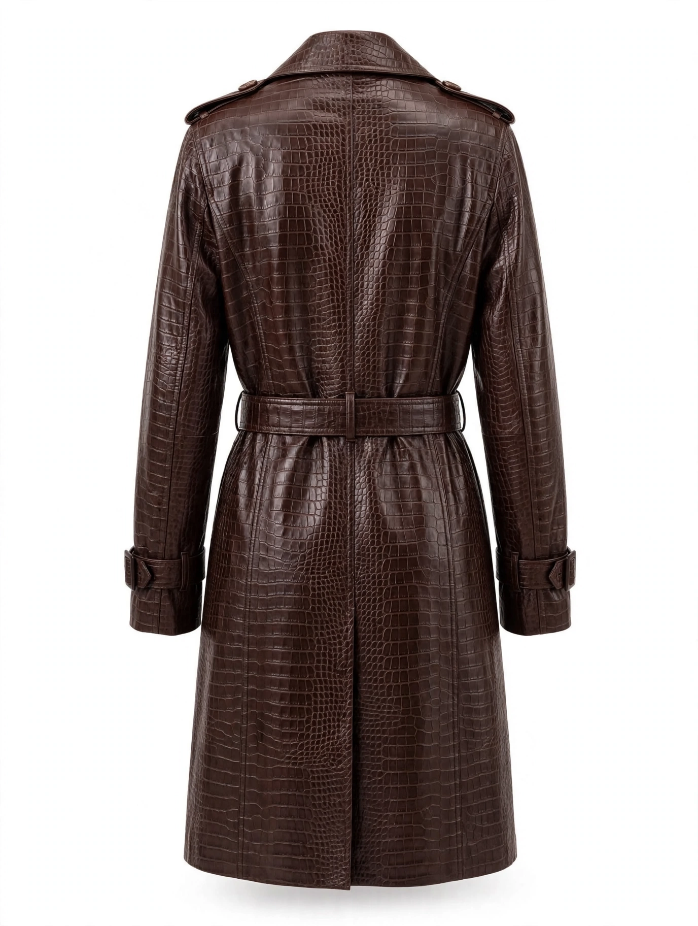 MRKSHI CROSSA — Smooth Leather leather Coat in Dark Chocolate, back view