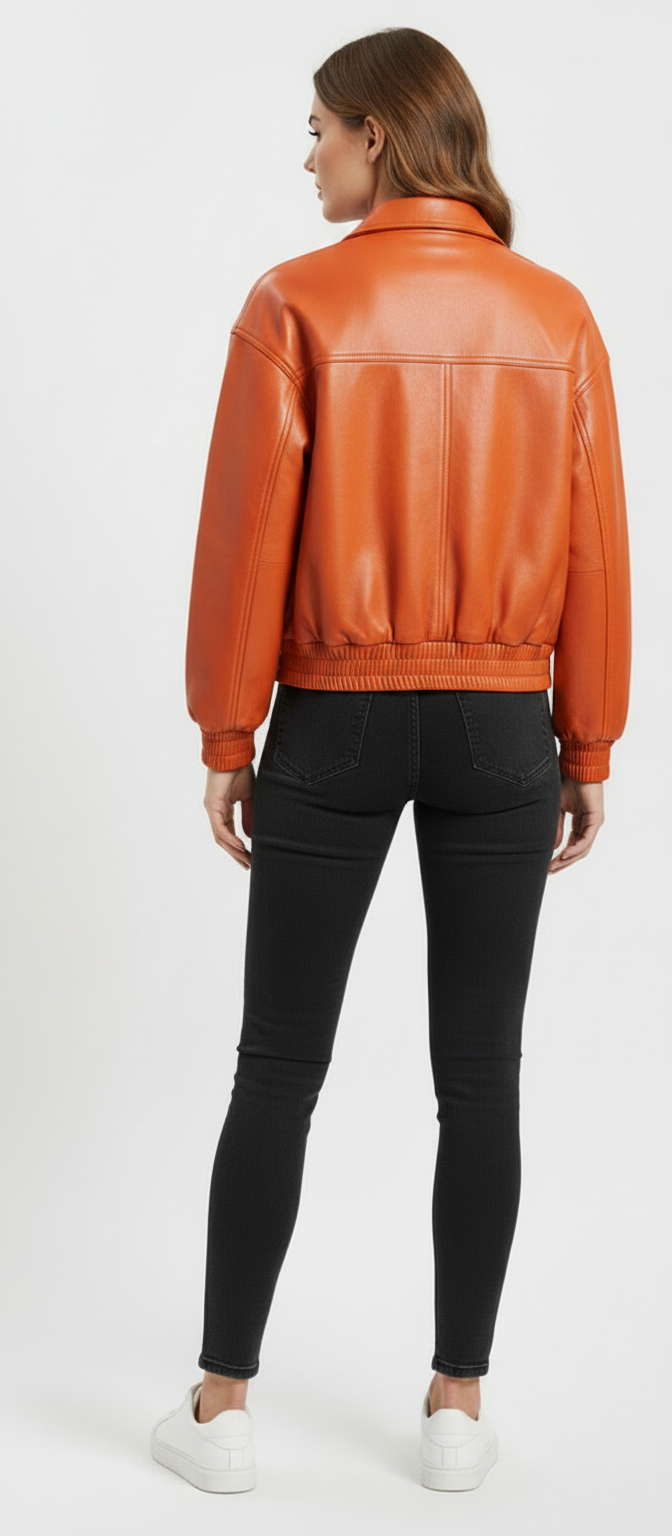 MRKSHI CLEO — Lamb Nappa leather Jacket in Mandarin, three quarter view