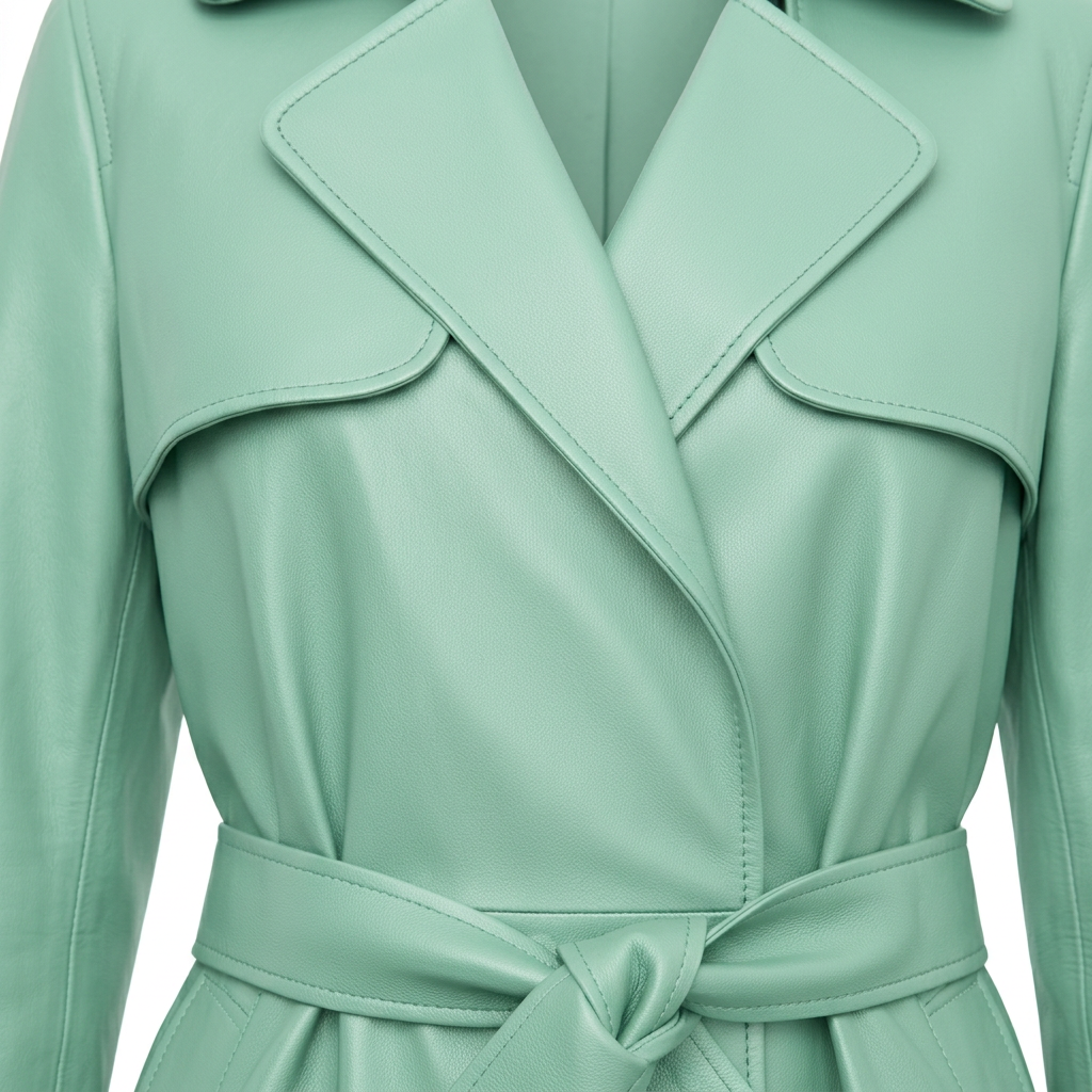 MRKSHI OFFLINE — Leather Coat in Mint, three quarter view