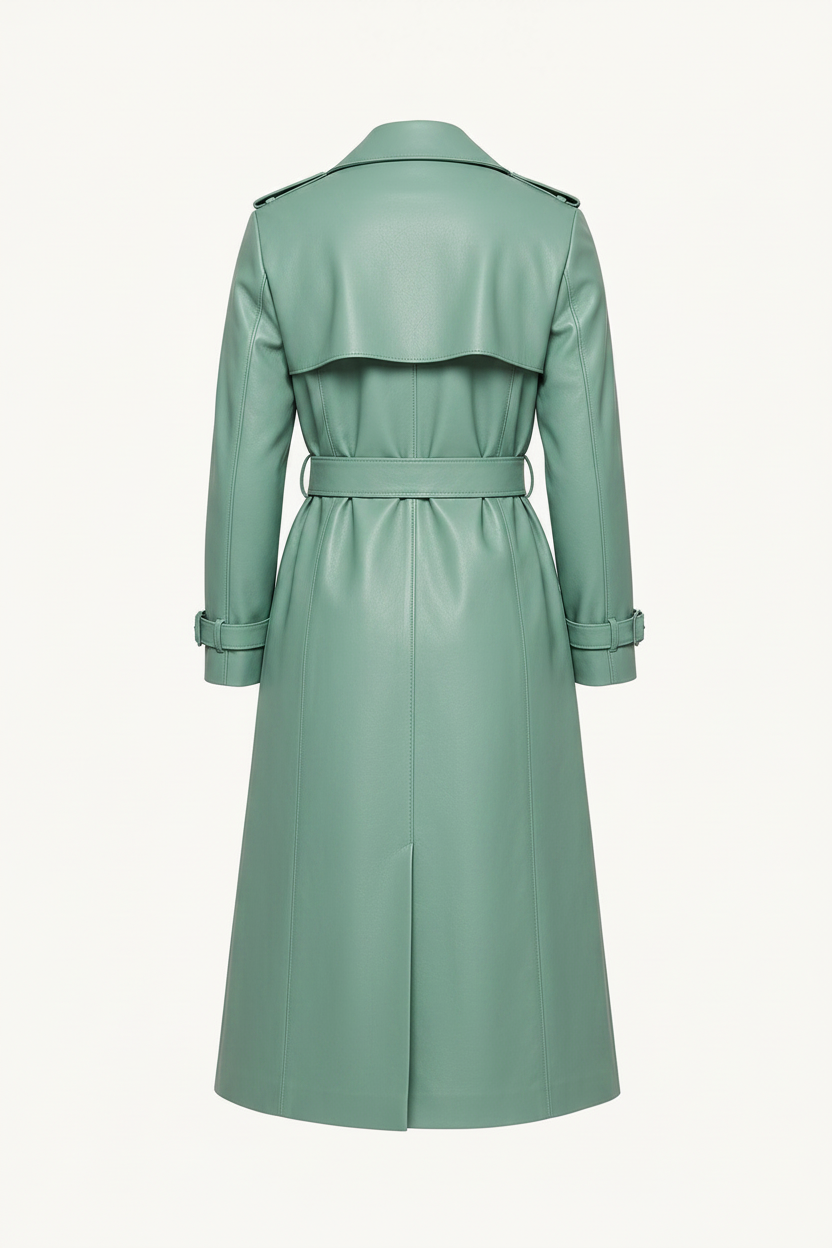 MRKSHI OFFLINE — Leather Coat in Mint, three quarter view