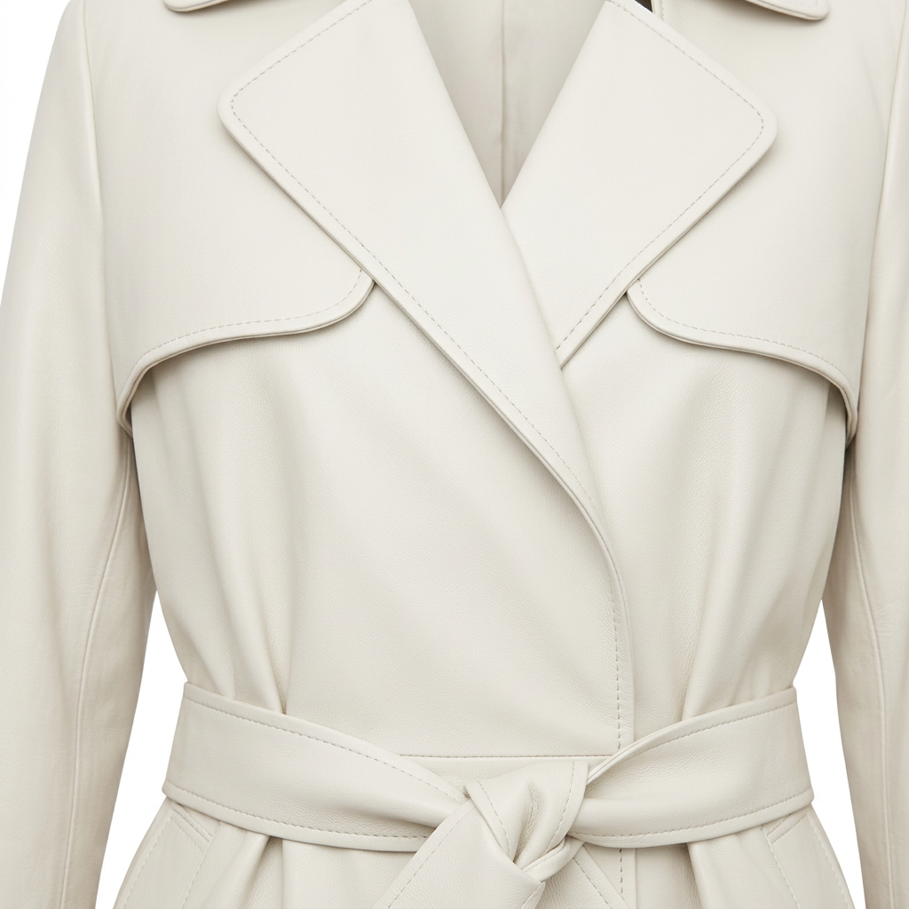 MRKSHI OFFLINE — Leather Coat in Off White, three quarter view