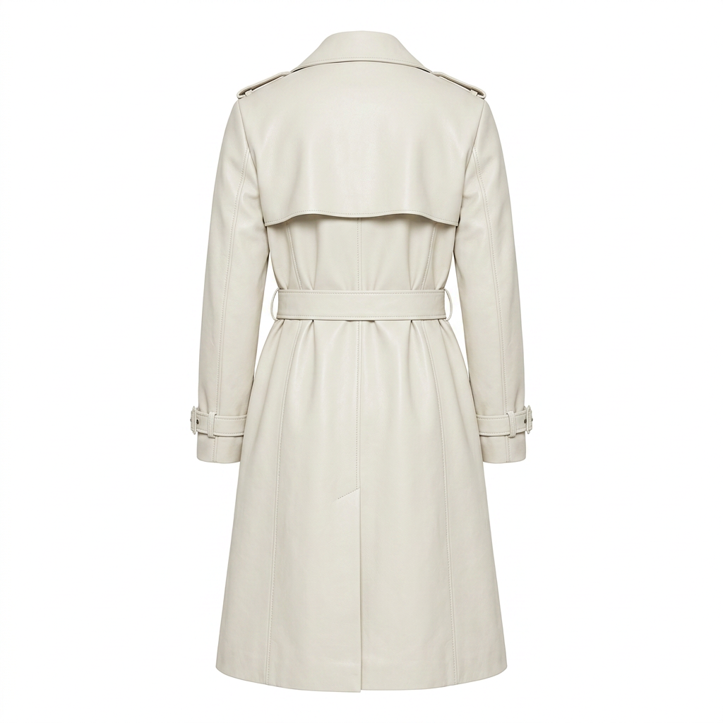 MRKSHI OFFLINE — Leather Coat in Off White, three quarter view