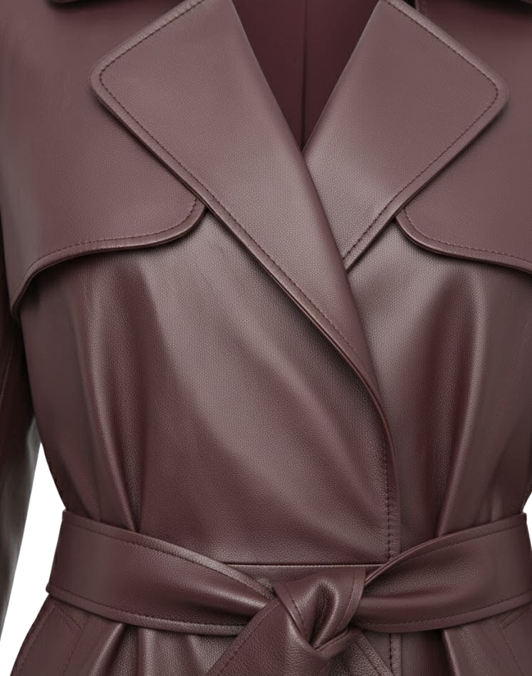 MRKSHI OFFLINE — Leather Coat in Burgundy, three quarter view