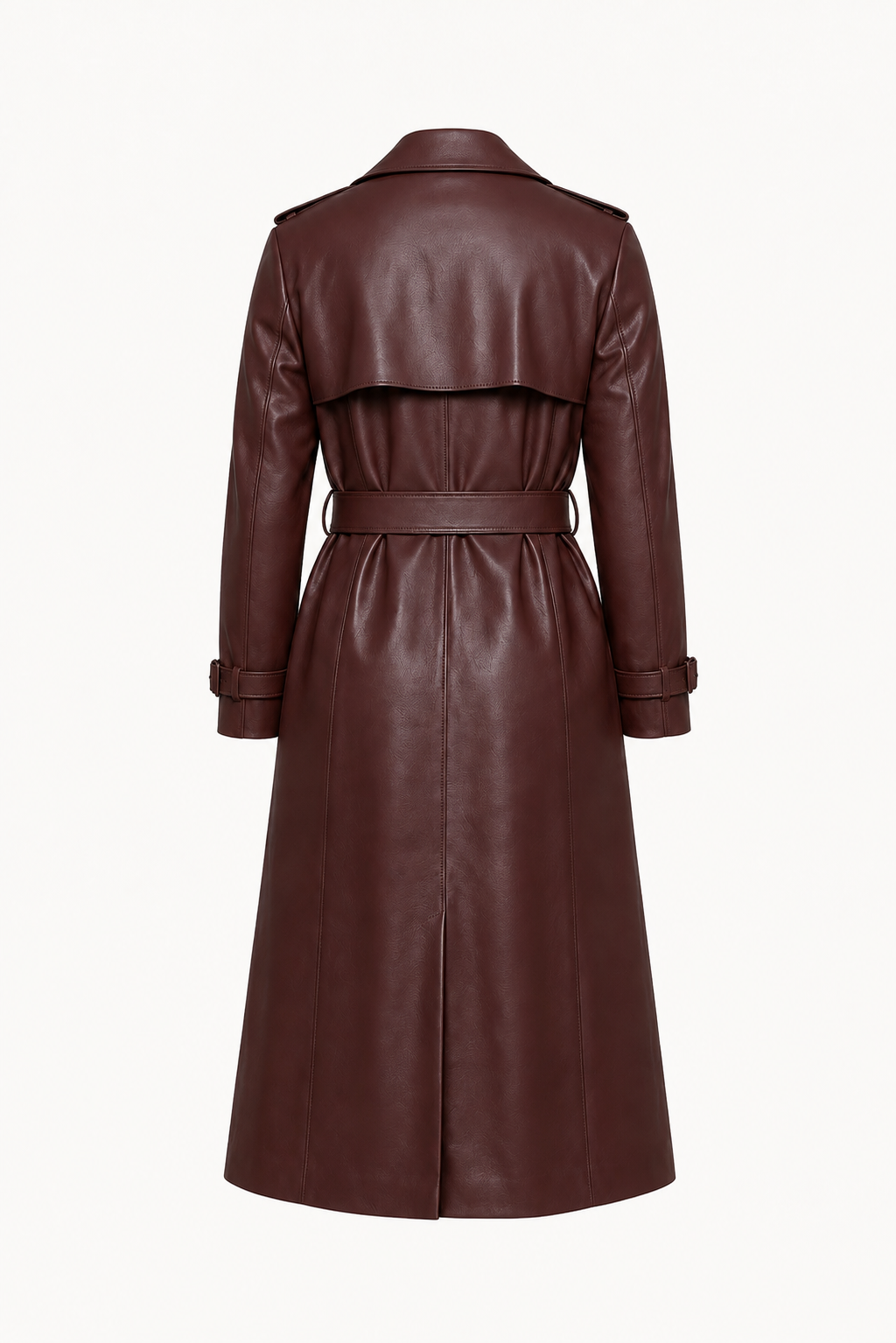 MRKSHI OFFLINE — Leather Coat in Burgundy, three quarter view