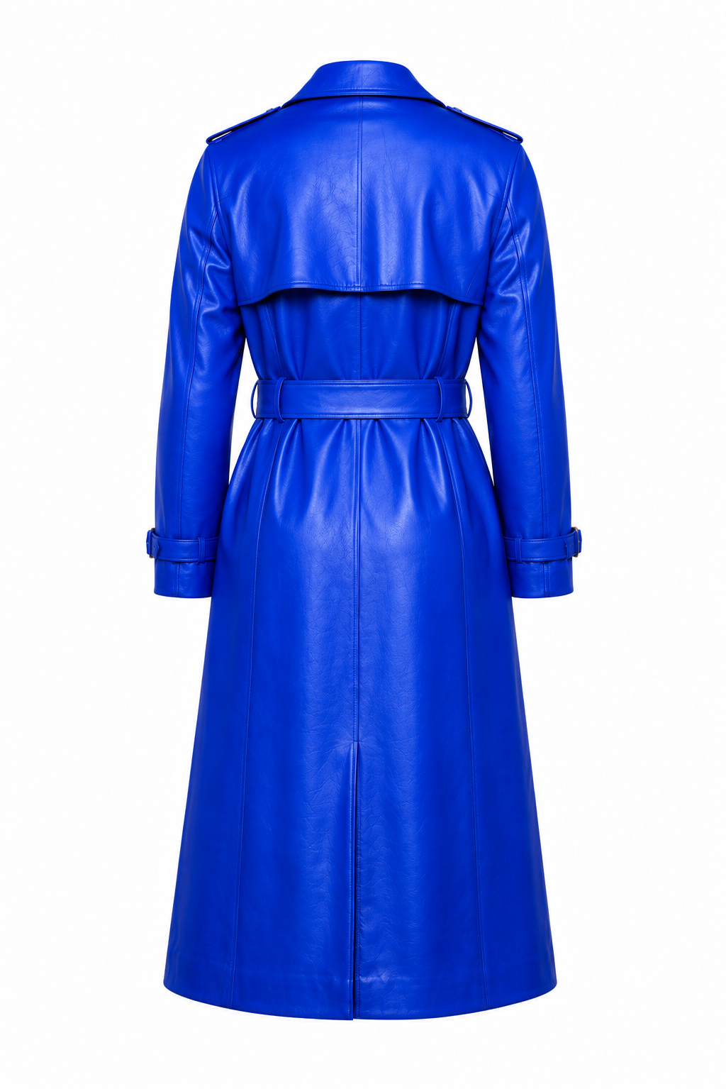 MRKSHI OFFLINE — Leather Coat in Blue Night, three quarter view