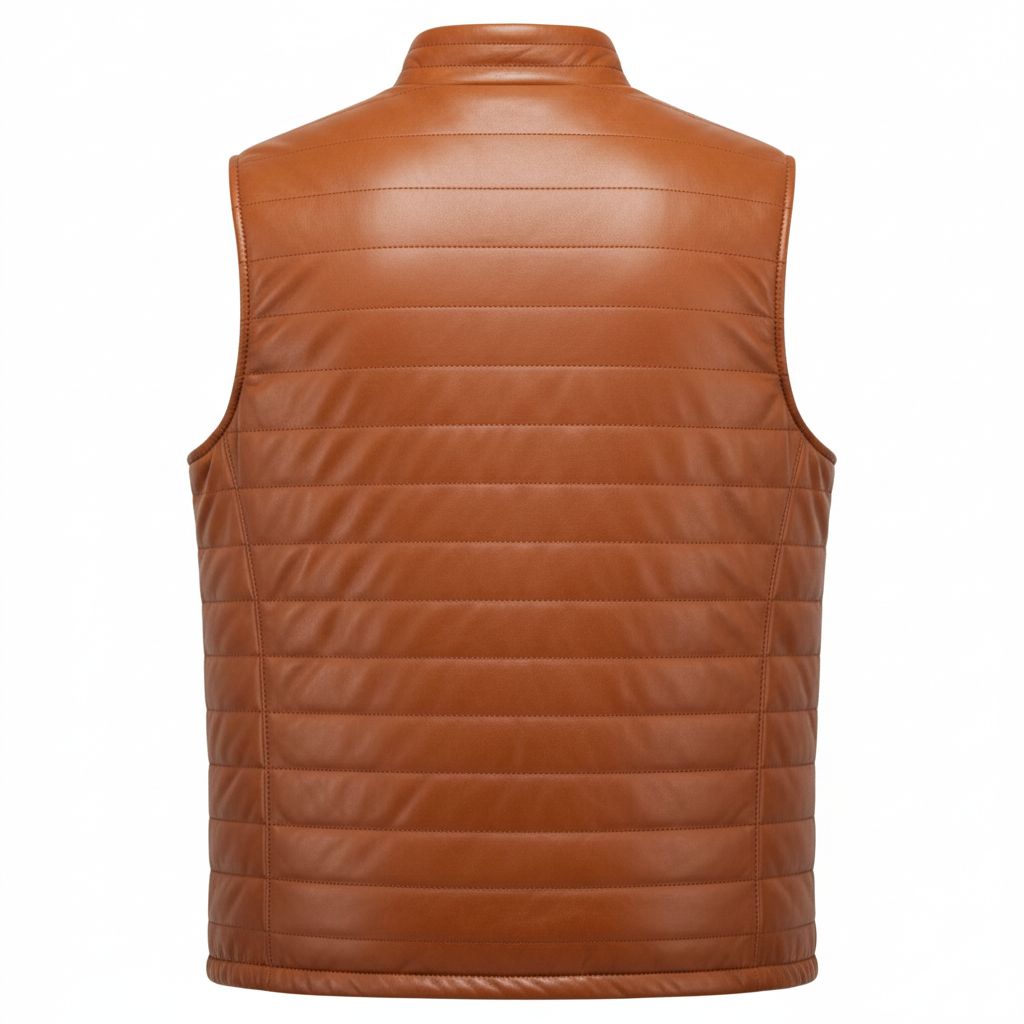 MRKSHI FLUX — Leather Jacket in Cognac, back view