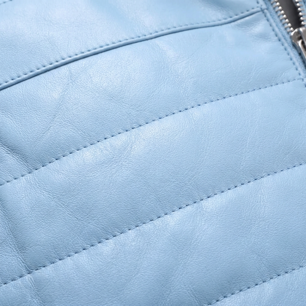 MRKSHI FLUX — Leather Jacket in Baby Blue, detail
