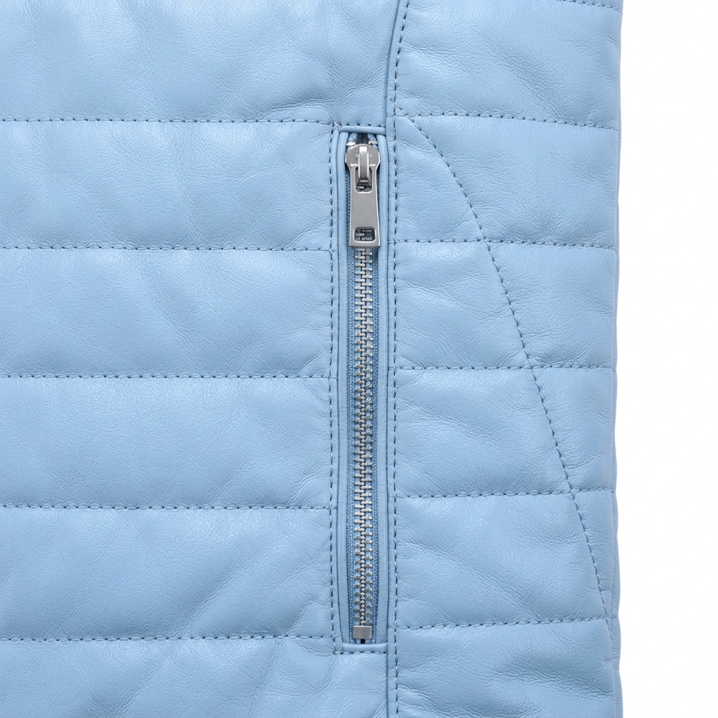 MRKSHI FLUX — Leather Jacket in Baby Blue, detail