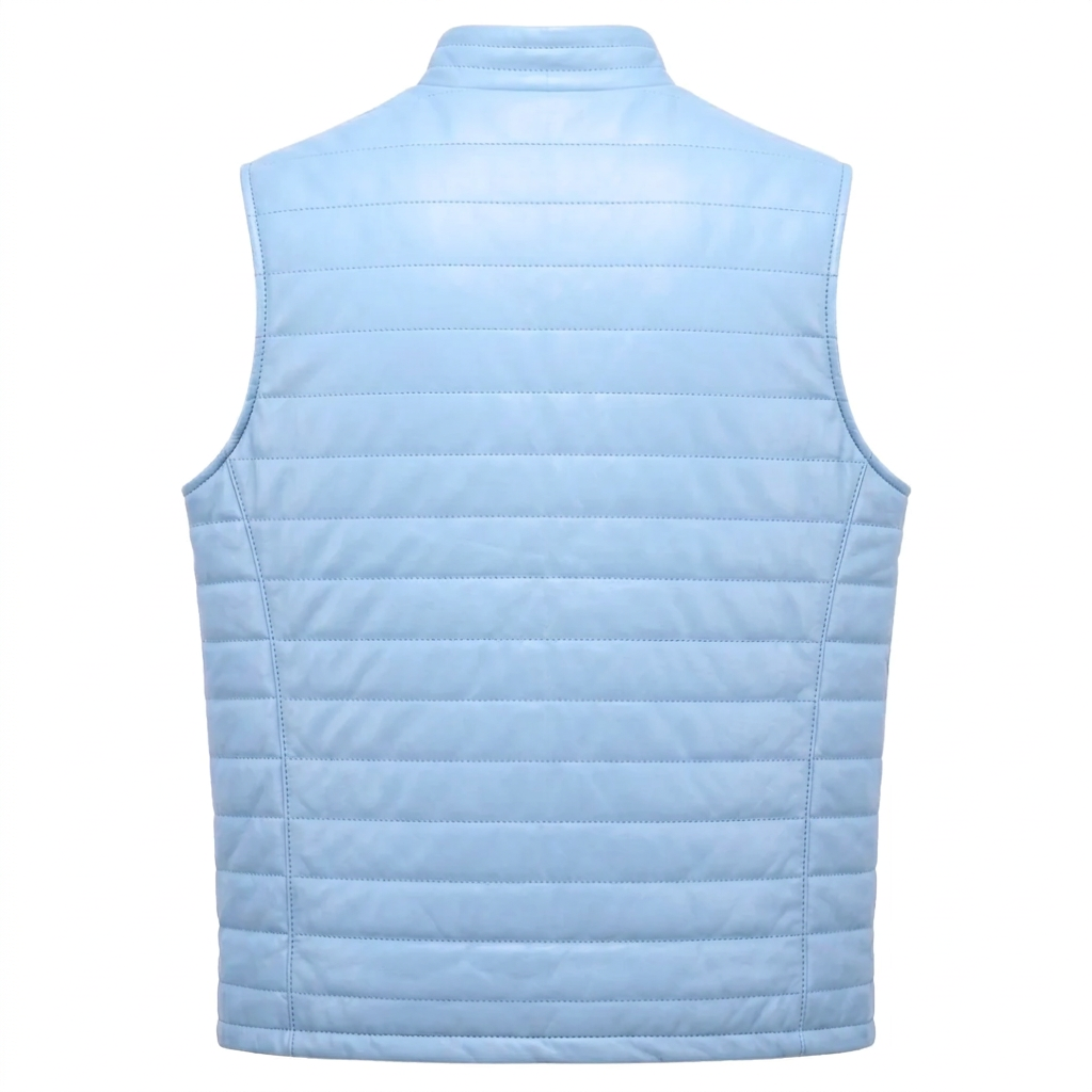 MRKSHI FLUX — Leather Jacket in Baby Blue, back view