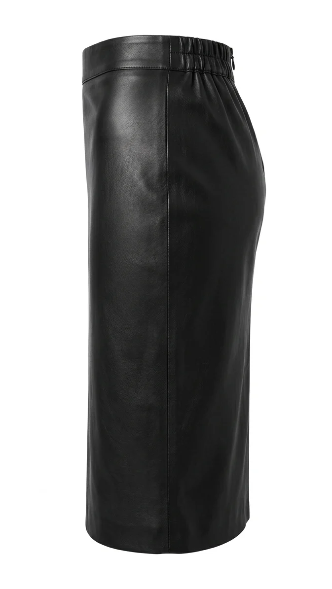 MRKSHI PRIVATE — Smooth Leather leather Skirt in Black, three quarter view
