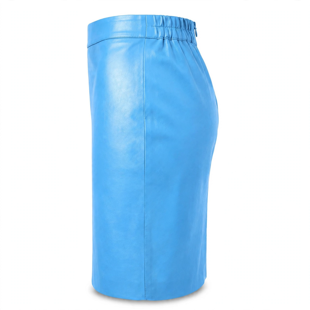 MRKSHI PRIVATE — Smooth Leather leather Skirt in Baby Blue, back view