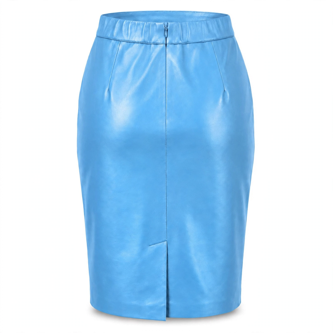 MRKSHI PRIVATE — Smooth Leather leather Skirt in Baby Blue, three quarter view