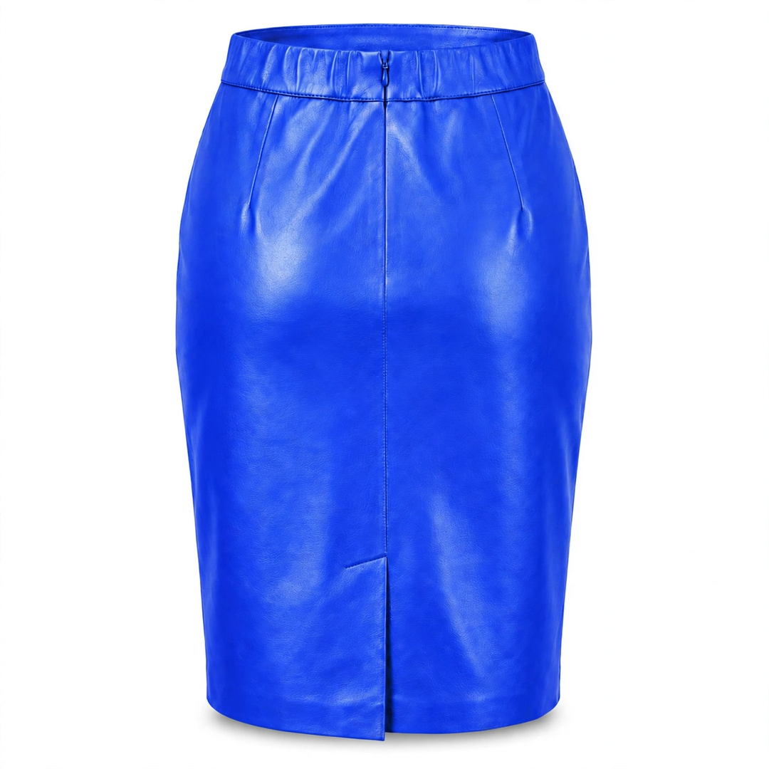 MRKSHI PRIVATE — Smooth Leather leather Skirt in Blue Night, back view