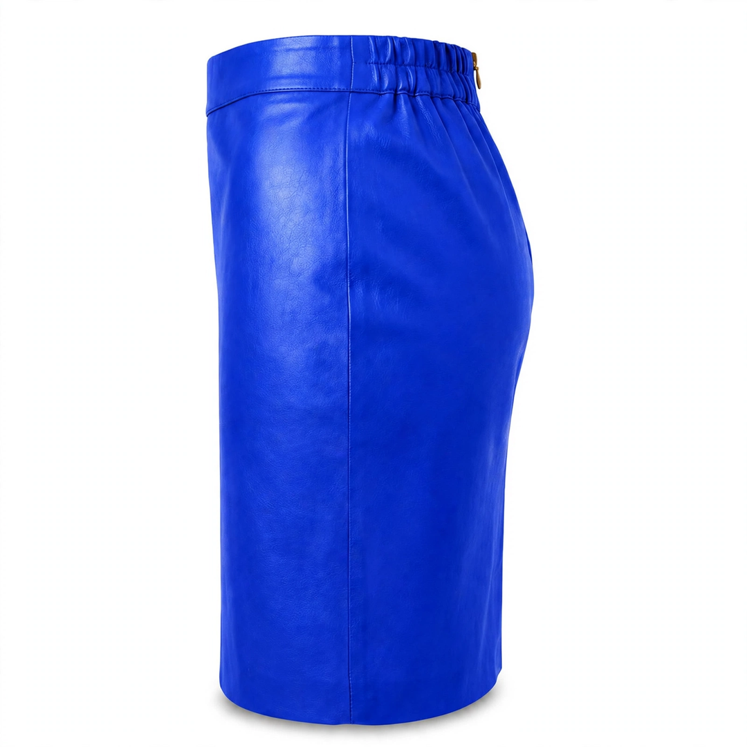MRKSHI PRIVATE — Smooth Leather leather Skirt in Blue Night, three quarter view