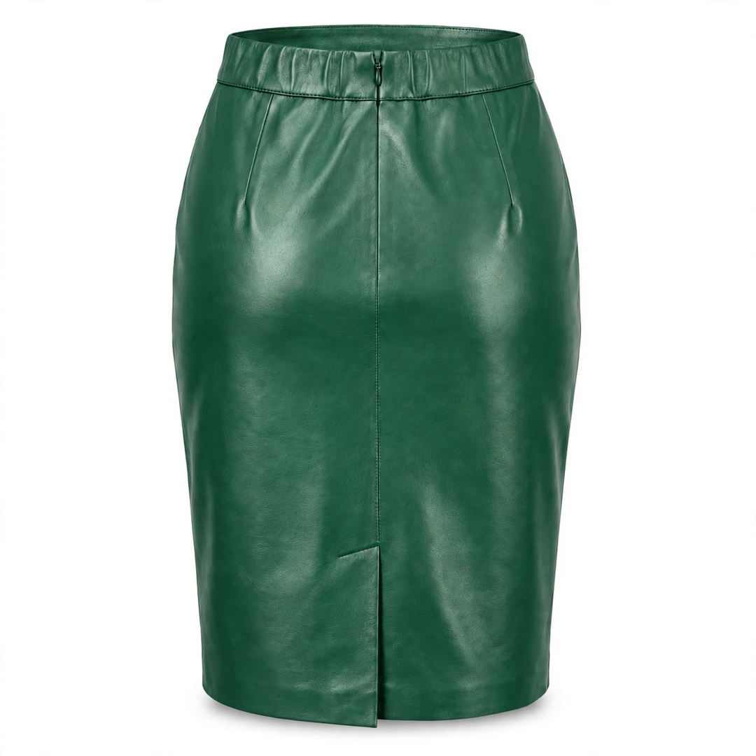 MRKSHI PRIVATE — Smooth Leather leather Skirt in Emerald, back view