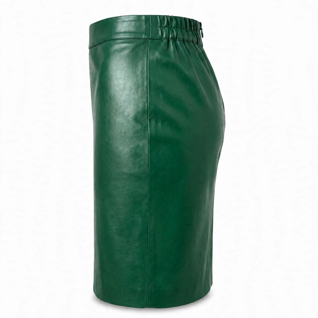 MRKSHI PRIVATE — Smooth Leather leather Skirt in Emerald, three quarter view