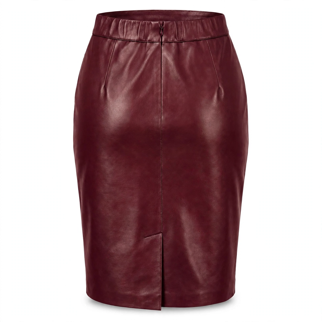 MRKSHI PRIVATE — Smooth Leather leather Skirt in Burgundy, three quarter view