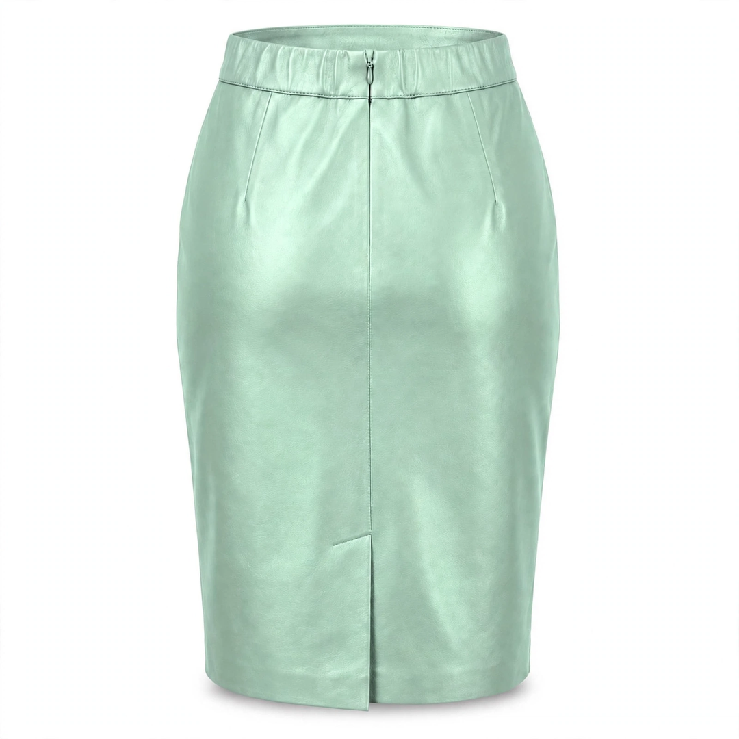 MRKSHI PRIVATE — Smooth Leather leather Skirt in Mint, back view