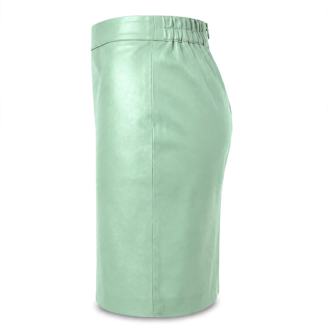 MRKSHI PRIVATE — Smooth Leather leather Skirt in Mint, three quarter view