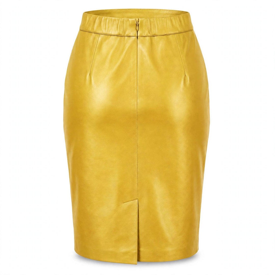 MRKSHI PRIVATE — Smooth Leather leather Skirt in Yellow, back view