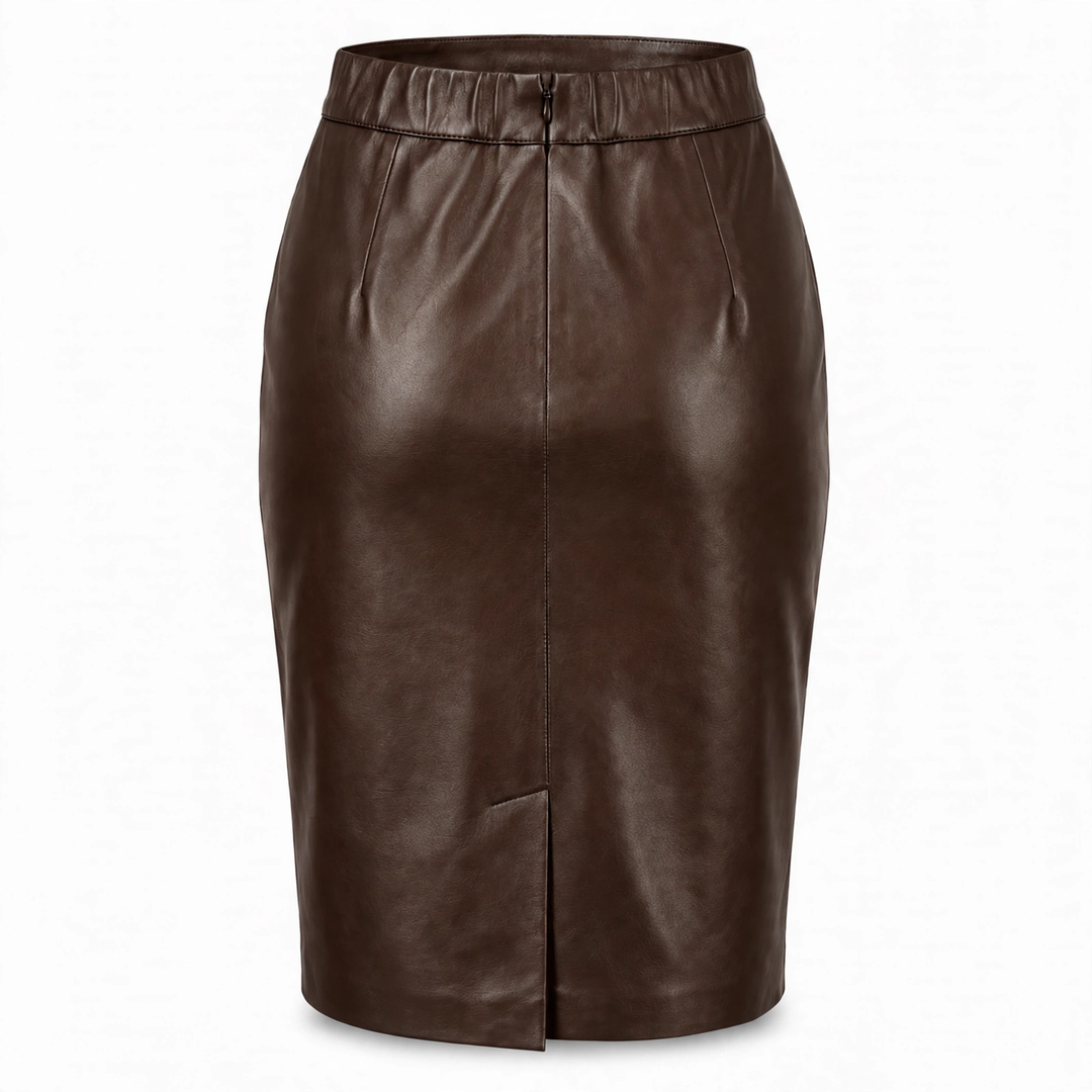 MRKSHI PRIVATE — Smooth Leather leather Skirt in Dark Chocolate, back view