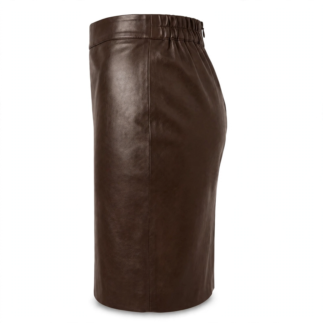 MRKSHI PRIVATE — Smooth Leather leather Skirt in Dark Chocolate, three quarter view