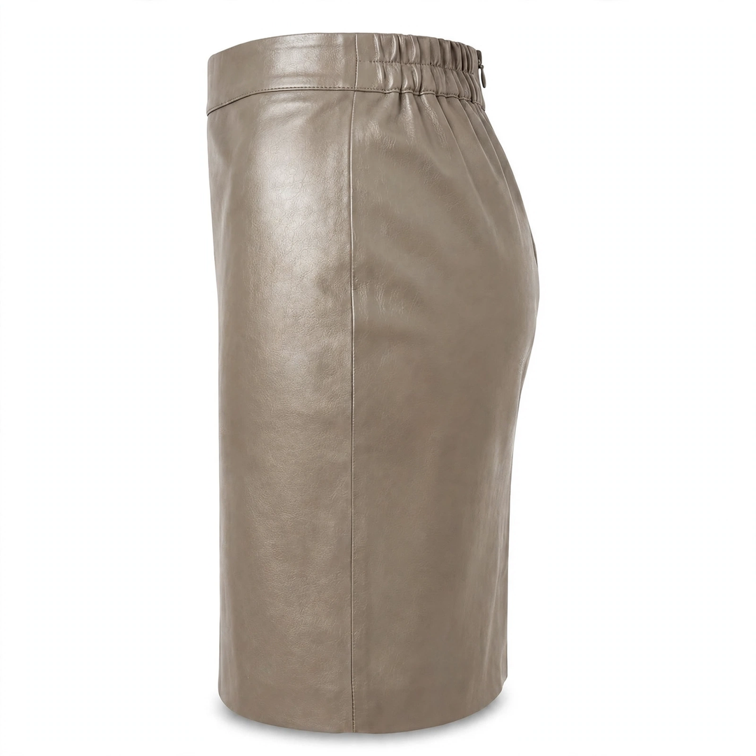 MRKSHI PRIVATE — Smooth Leather leather Skirt in Taupe, back view