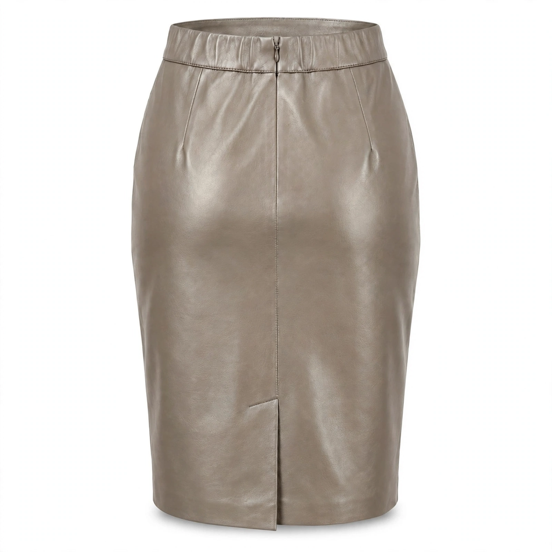 MRKSHI PRIVATE — Smooth Leather leather Skirt in Taupe, three quarter view